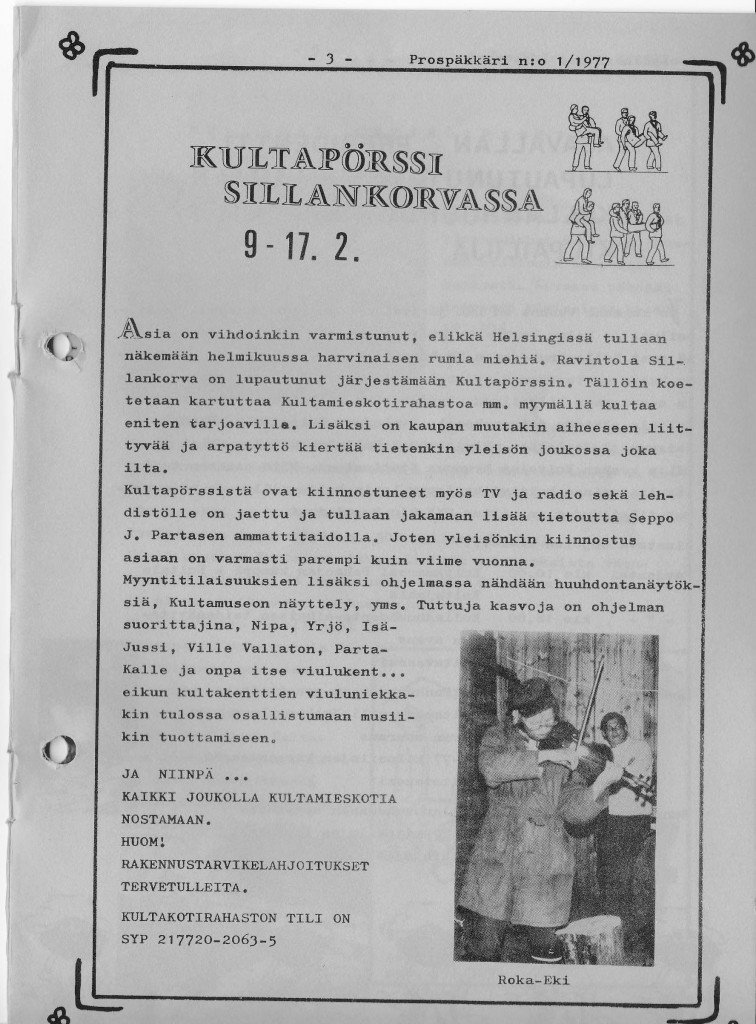 Ennakkouutinen Sillankorvan Kultapörssistä Prospäkkäi 1/1977 lehden sivuilta.